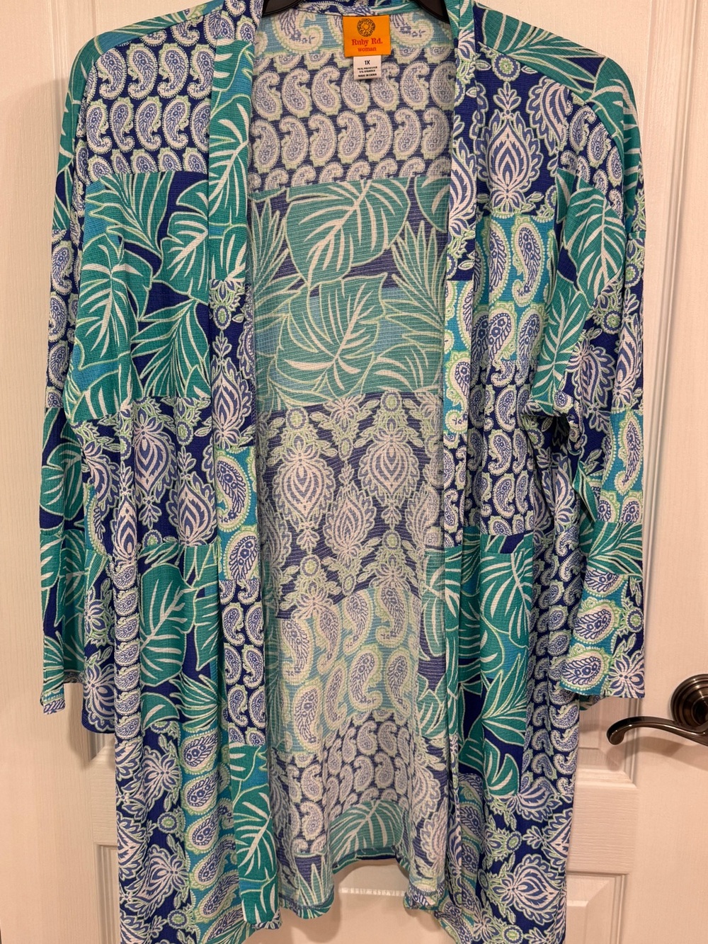 Ruby Rd. Blue Teal White Paisley & Leaf Print Open Tunic